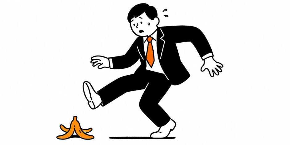 외주 실패를 상징하는 바나나 껍질에 미끄러진 정장 차림 대표 일러스트