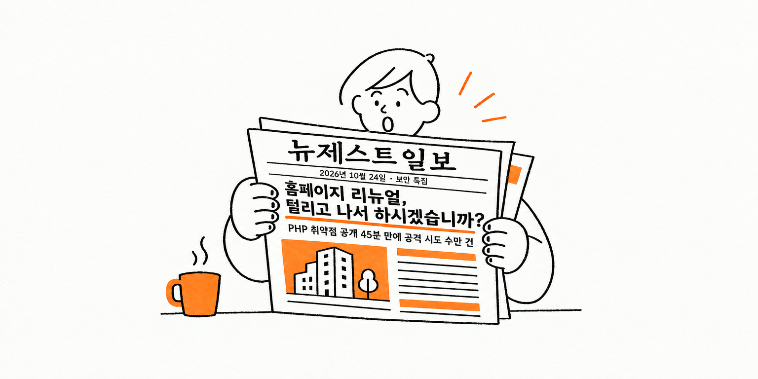 커피잔을 옆에 두고 ‘뉴제스트 일보’ 보안 특집을 펼쳐 든 사람 일러스트
